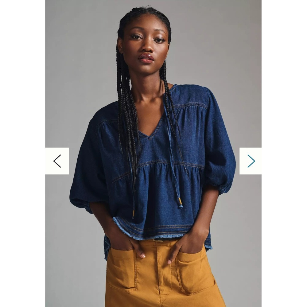 Pilcro Anthropologie chambray peasant Top blouse babydoll Blue Puff Sleeve XS